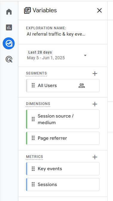 Analytics interface showing variables for AI referral traffic. Includes exploration name, date range, segments, dimensions, and metrics with a clean layout.