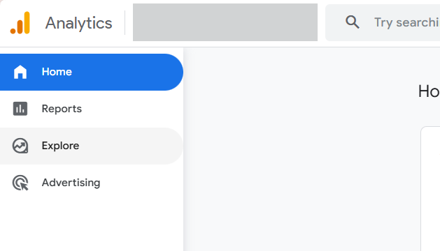Screenshot of Google Analytics dashboard featuring an search bar at the top, with the left navigation menu displaying Home, Reports, Explore, and Advertising options.